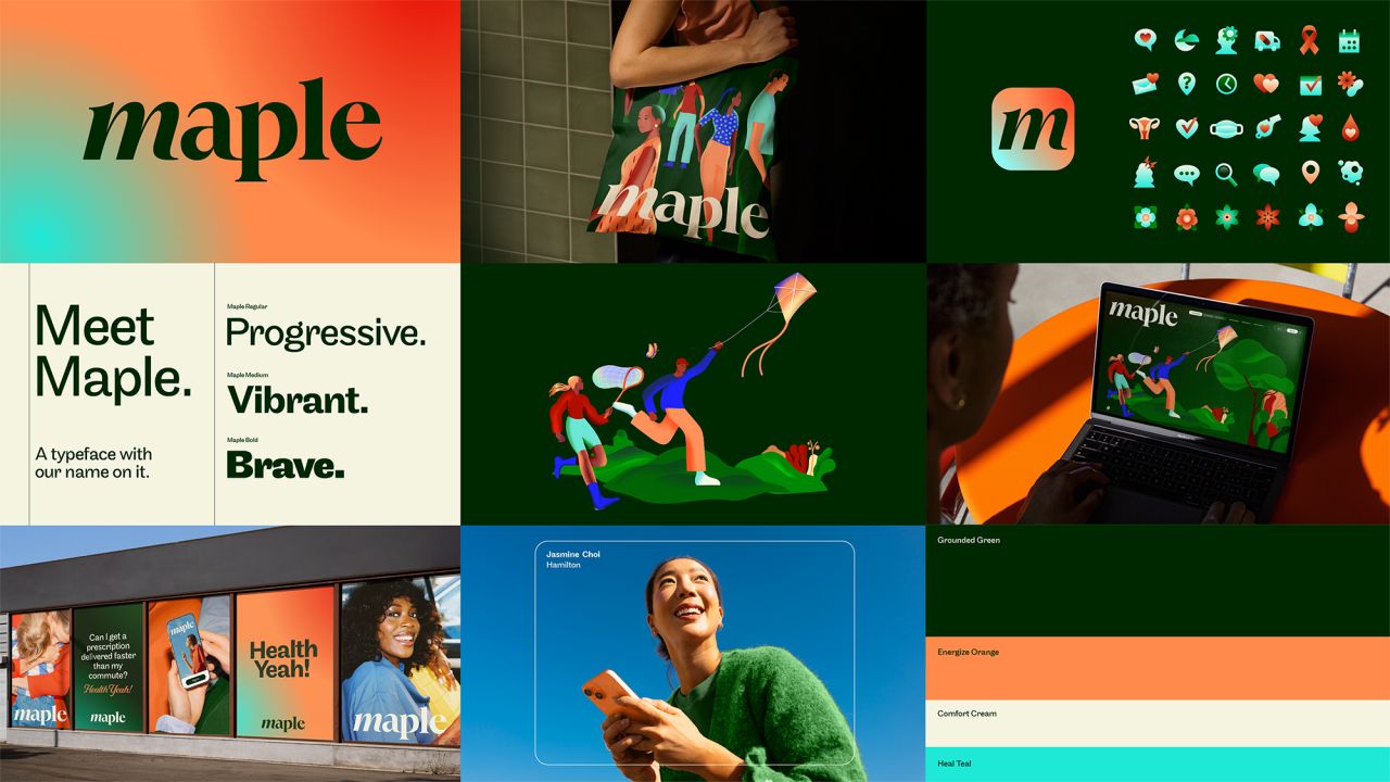 Maple brand moodboard — wordmark, tote bag, icon set, typography, illustration and OOH